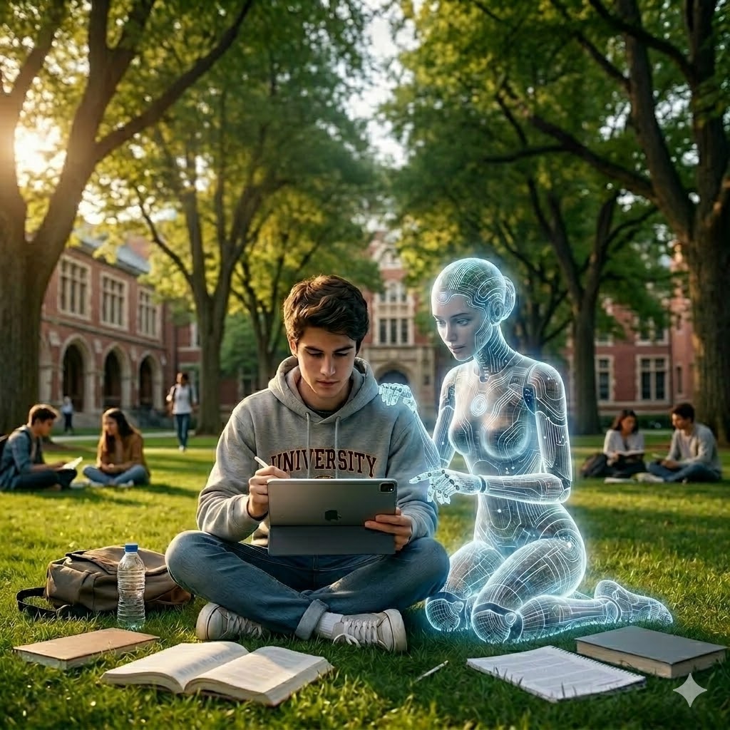 Estudiante repasando en el campus junto a Smarty, su asistente de IA